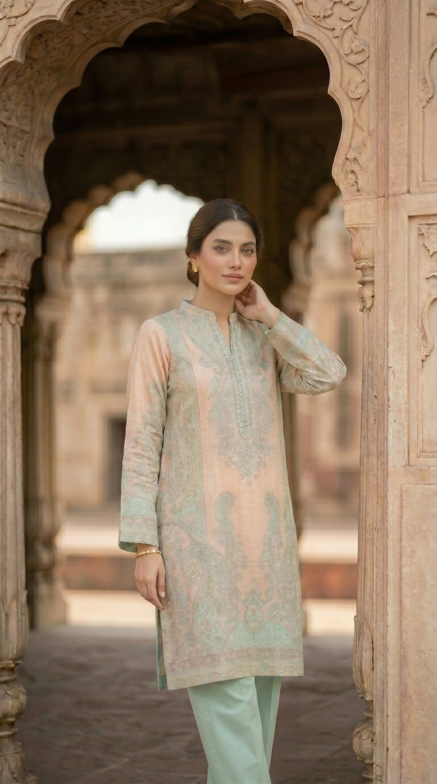 Elegant Pastel Peach & Mint Green Embroidered Kurti