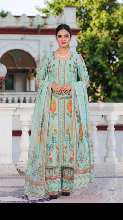 The Elegant Choice: Mint Green Floral Print 3-Piece Lawn Suit with Matching Dupatta