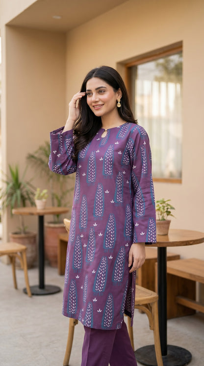 Elegant Plum Purple Printed Lawn Kurti – Traditional Botanical Print Straight Tunic