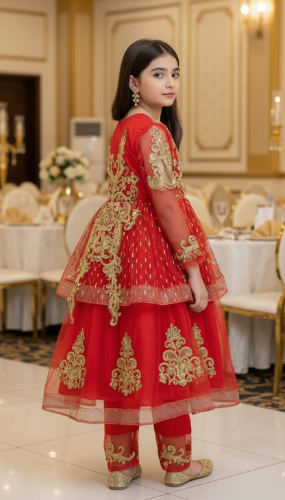 Elegant Girls’ Red & Gold Embroidered Net Frock – 3-Piece Festive Sharara Set