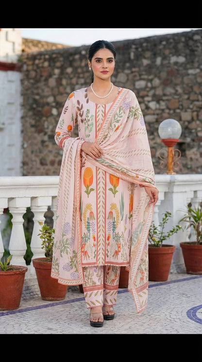 Peachy Blossom - Printed 3-Piece Lawn Suit with Floral Border