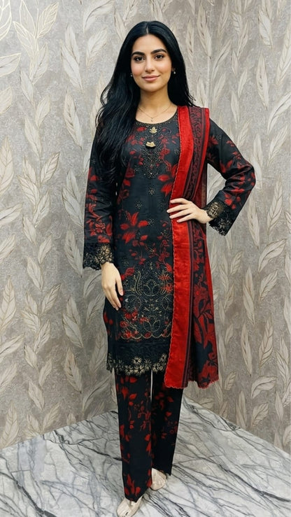 Elegant 3-Piece Floral Embroidered Stitched Suit - Midnight Rose
