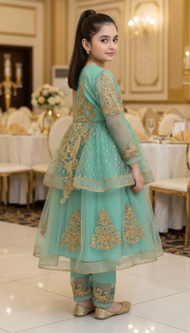 Girls’ Mint Green Embroidered Anarkali Style Party Wear Frock with Trousers