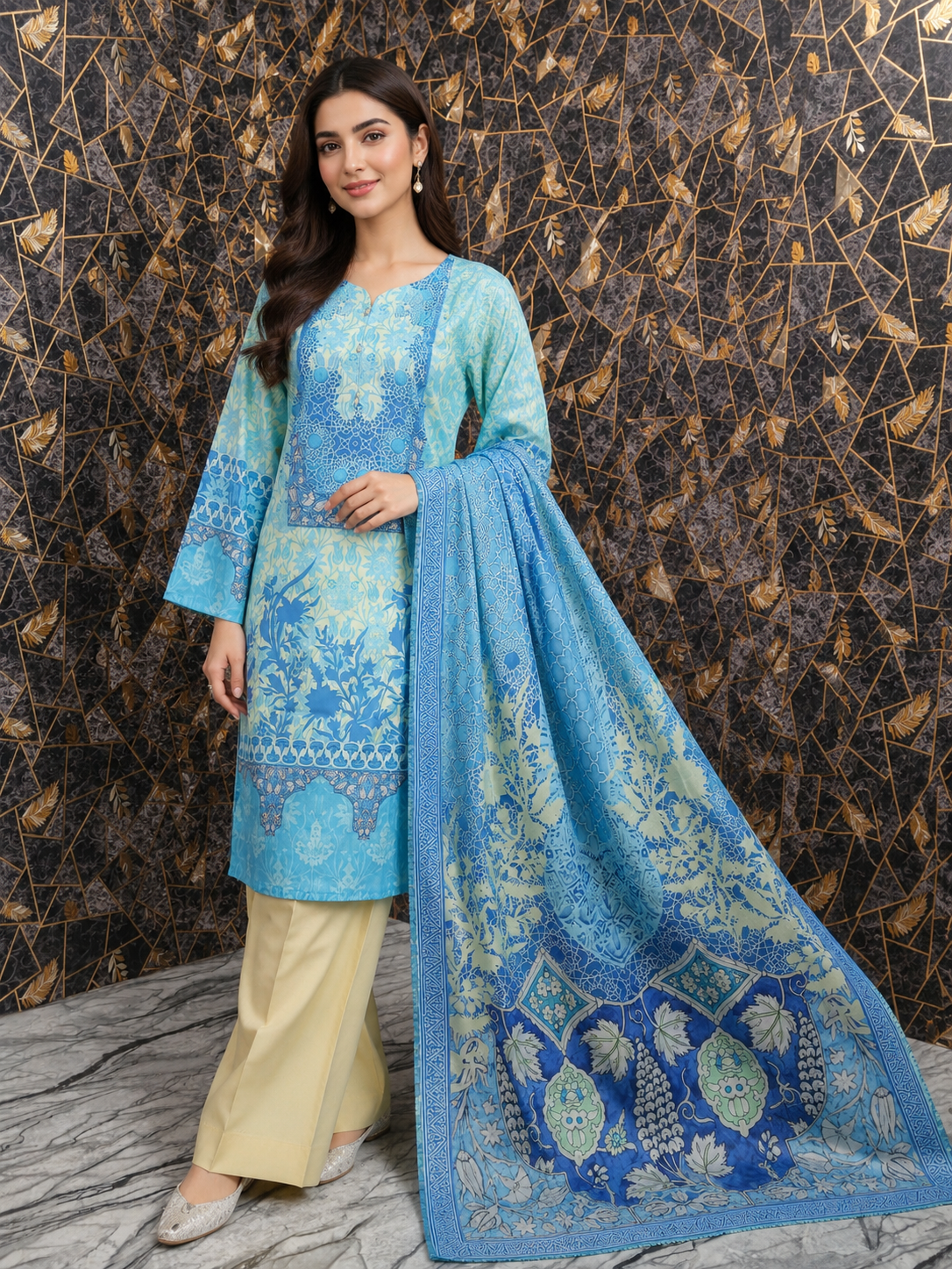 Azure Bloom: 3-Piece Stitched Digital Print Lawn Suit