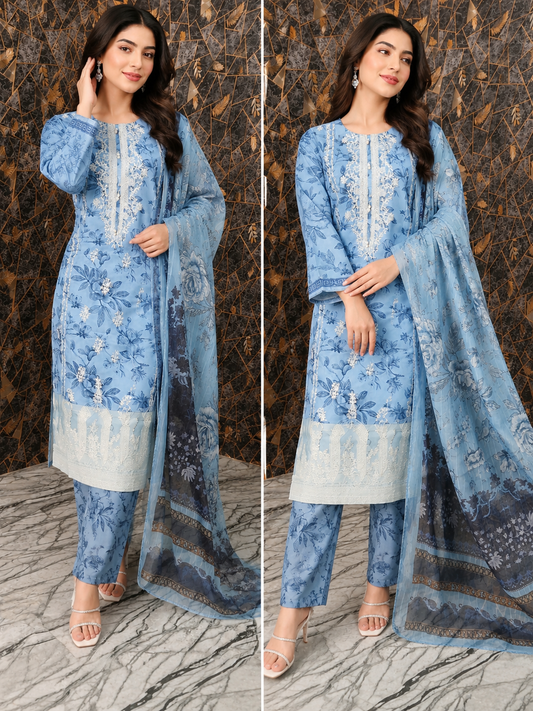Azure Bloom: 3-Piece Embroidered Lawn Suit