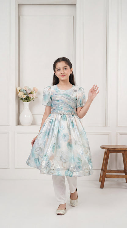 Enchanted Floral Jacquard Party Frock with Embellished Waist