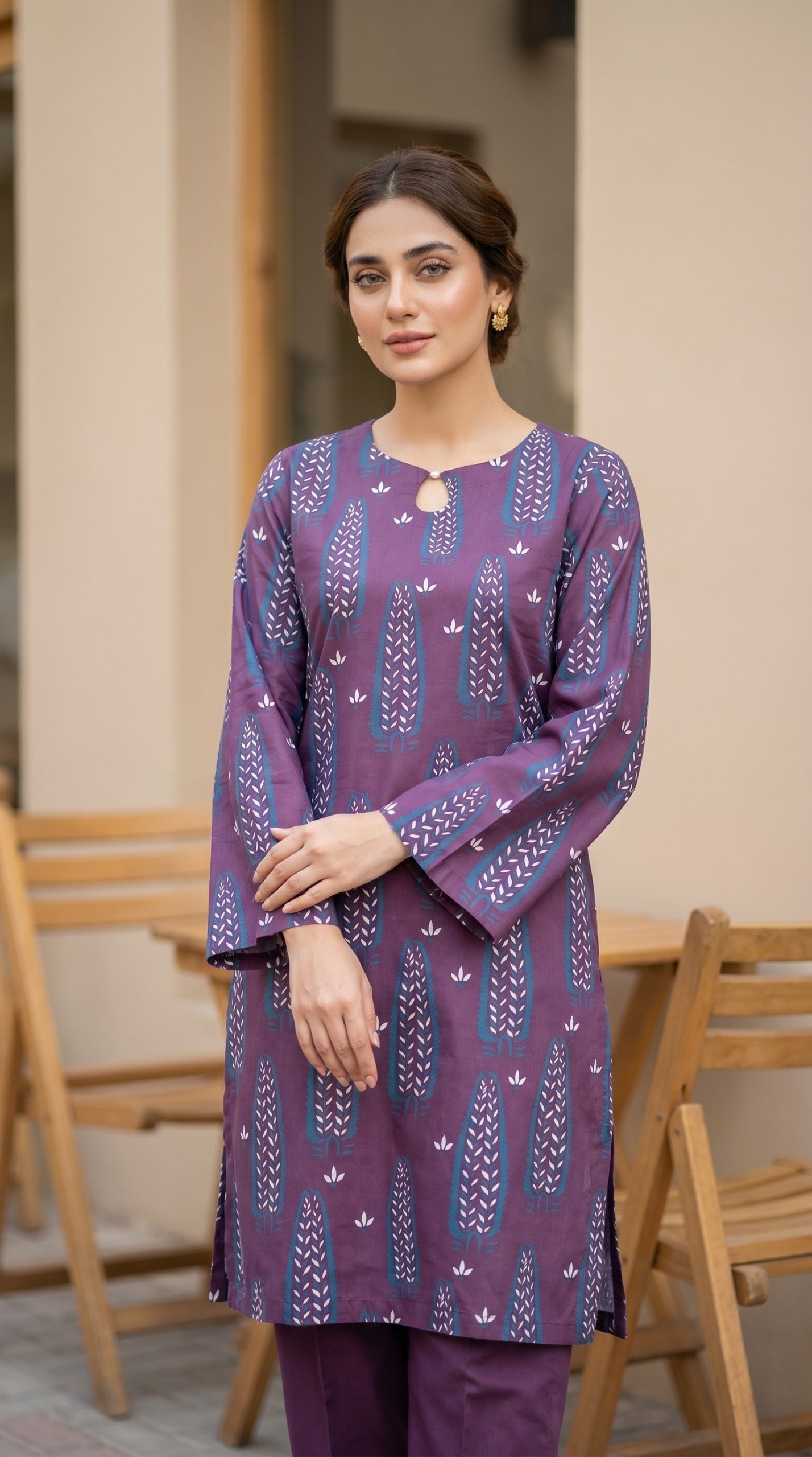 Elegant Plum Purple Printed Lawn Kurti – Traditional Botanical Print Straight Tunic