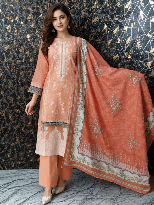 Elegant Peach Embroidered 3-Piece Lawn Stitched Suit