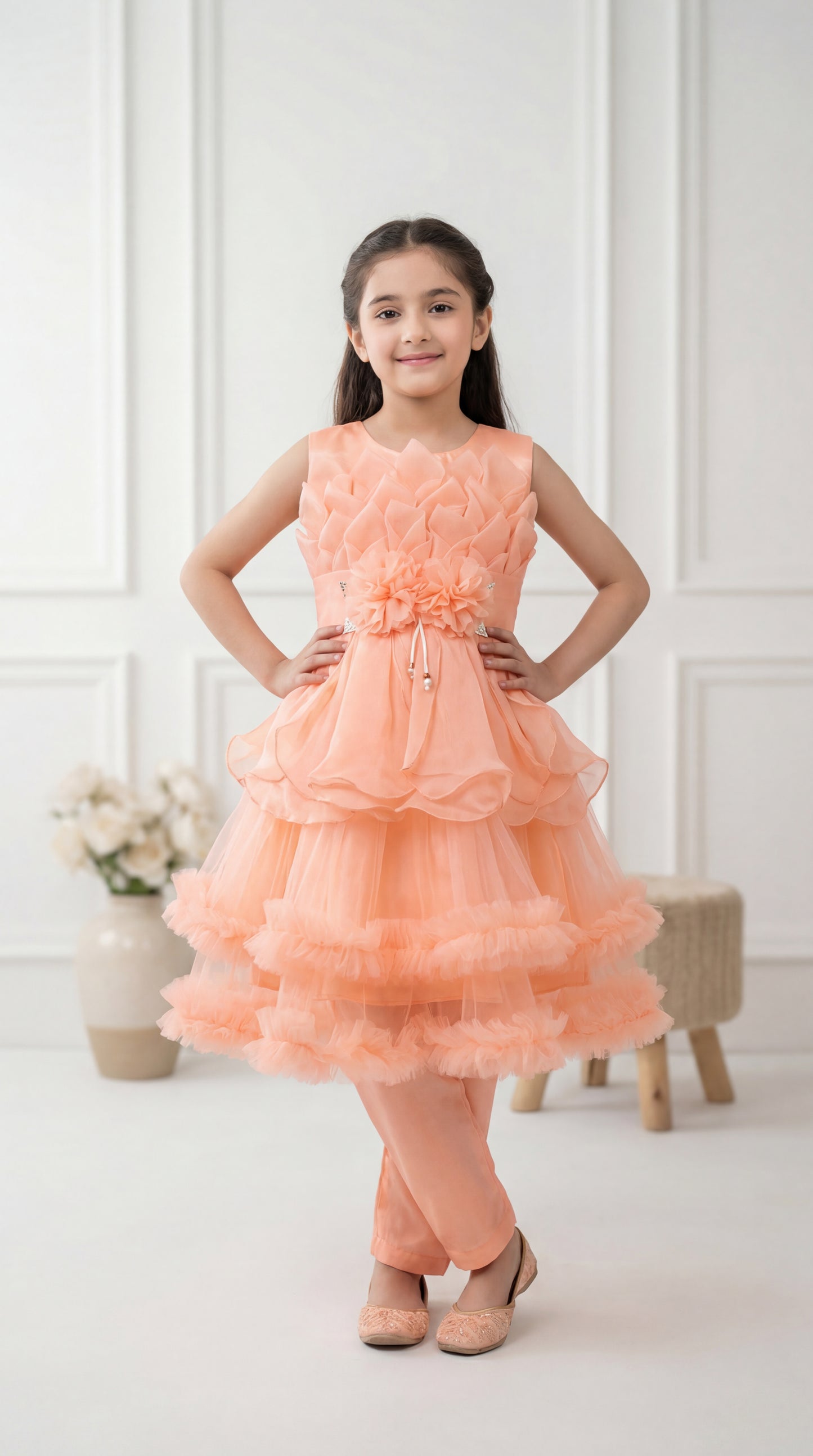 Peach Petal Tulle Party Frock & Trouser Set