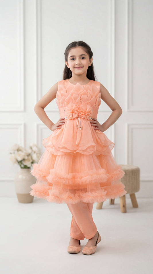 Peach Petal Tulle Party Frock & Trouser Set