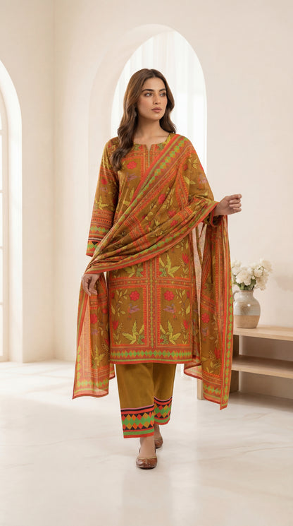 Earthy Mustard Printed 3-Piece Suite with Floral & Geometric Accents
