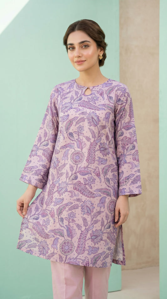 Lavender Floral Printed Lawn Kurti – Elegant Keyhole Neckline