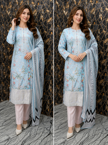 Ethereal Sky Blue Floral Embroidered 3-Piece Lawn Stitched Suite