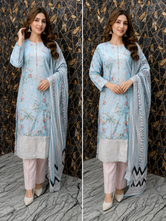 Ethereal Sky Blue Floral Embroidered 3-Piece Lawn Stitched Suite