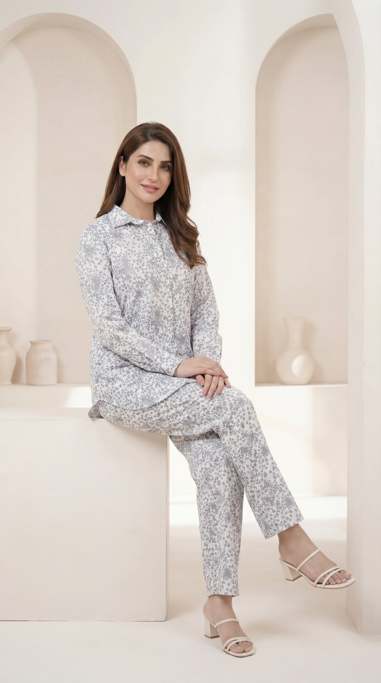 Serene Meadow Printed Co-ord Suit in Soft Grey & Cream