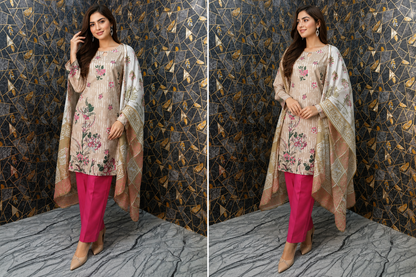 Elegant Floral Printed 3-Piece Stitched Lawn Suit – Sand & Magenta