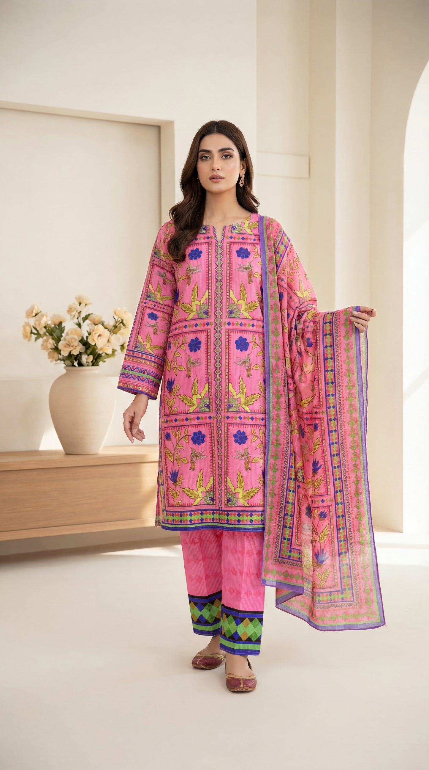 Vibrant Fuchsia Pink 3-Piece Printed Lawn Suit with Geometric Borders