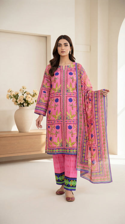 Vibrant Fuchsia Pink 3-Piece Printed Lawn Suit with Geometric Borders