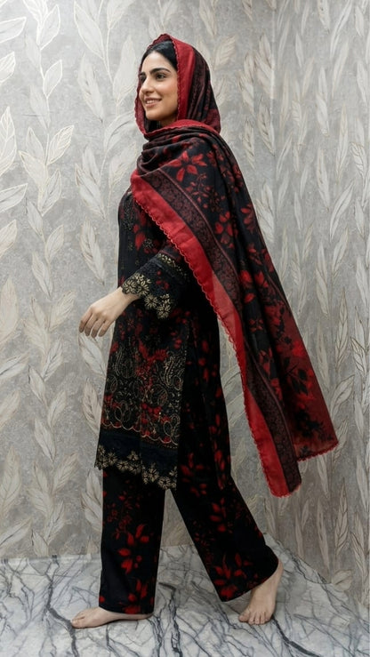 Elegant 3-Piece Floral Embroidered Stitched Suit - Midnight Rose