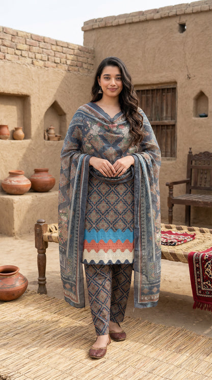 Desert Bloom | Slate Blue Geometric Printed 3-Piece Set