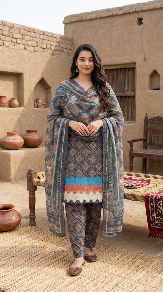 Desert Bloom | Slate Blue Geometric Printed 3-Piece Set