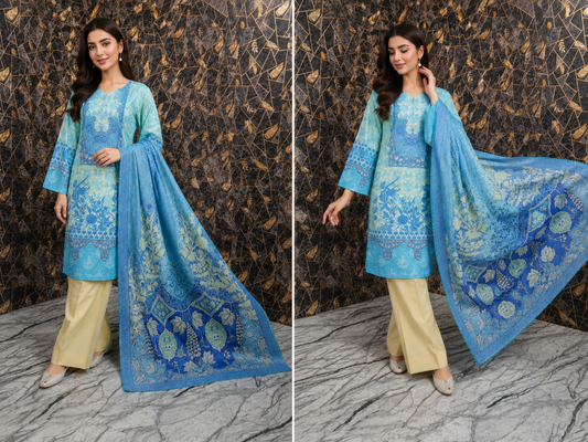 Azure Bloom: 3-Piece Stitched Digital Print Lawn Suit