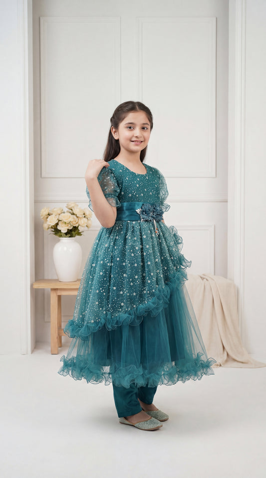 Girls' Enchanted Teal Star-Dust Tulle Frock – 3-Piece Festive Set