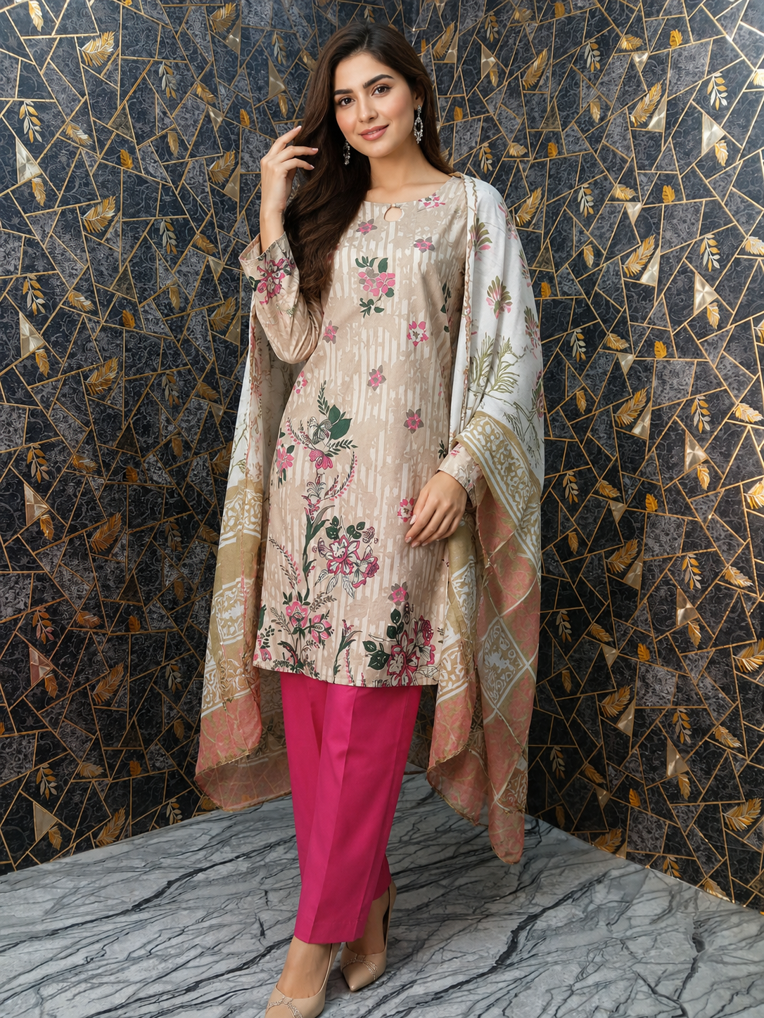 Elegant Floral Printed 3-Piece Stitched Lawn Suit – Sand & Magenta