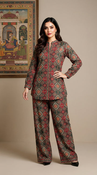 Tuscan Geometric Print Co-ord Set | Deep Olive & Crimson