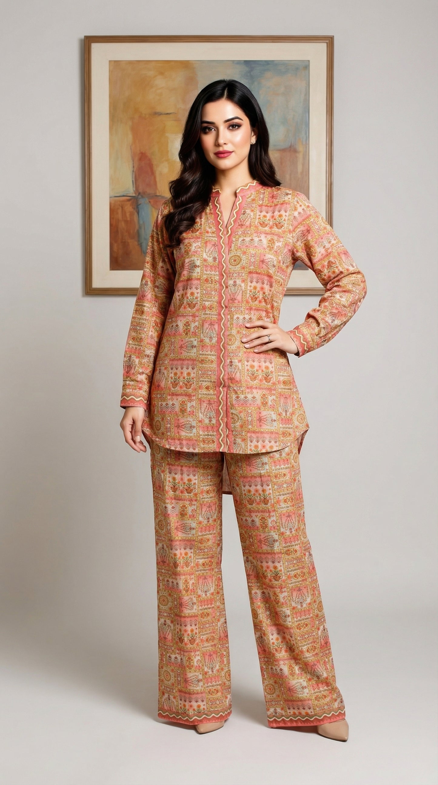Peach Floral Mosaic Two-Piece Co-Ord Set |  Neckline Kurta & Wide-Leg Trousers