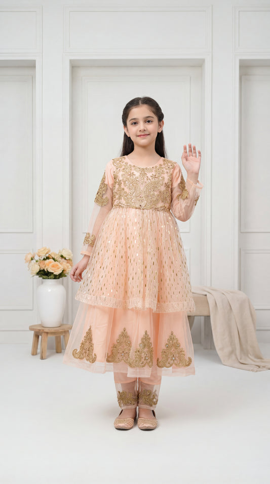 Elegant Peach Gold-Embroidered Layered Tulle Frock Set