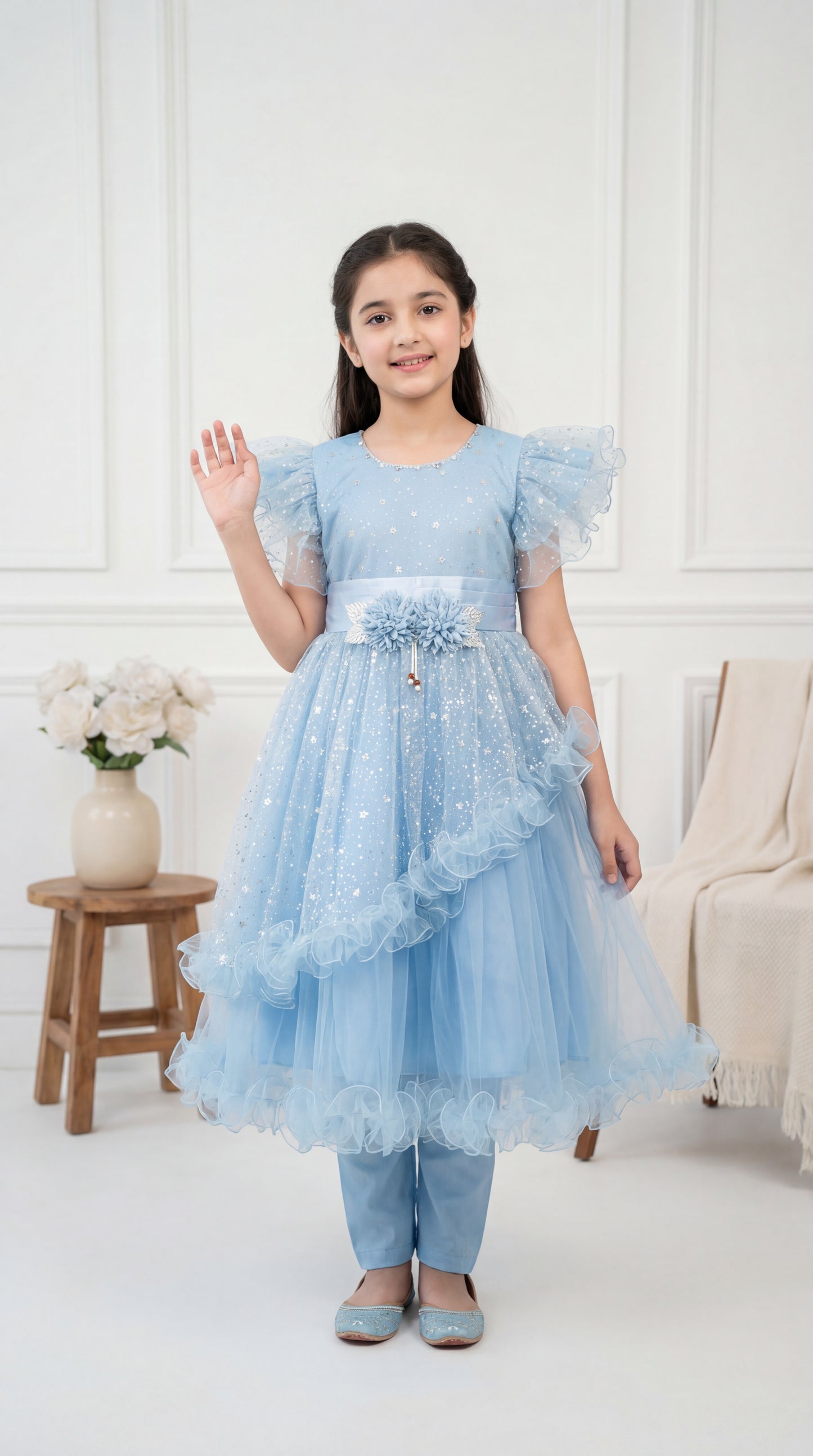 Enchanted Sky Blue Sequined Tulle Frock with Matching Trousers – 2-Piece Festive Set