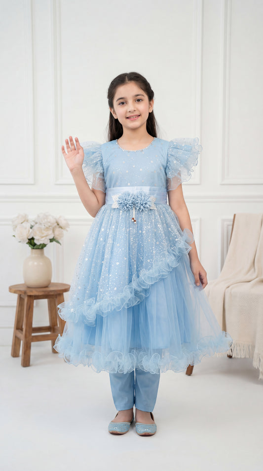Enchanted Sky Blue Sequined Tulle Frock with Matching Trousers – 2-Piece Festive Set