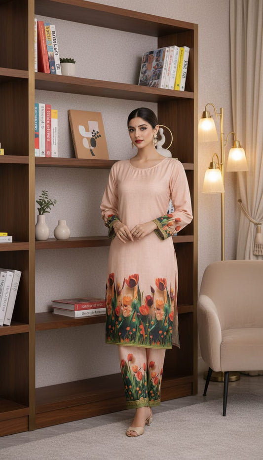 Sunset Tulip Printed Linen Co-ord Set in Peach