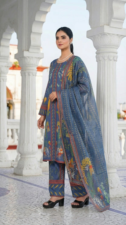 Midnight Azure 3-Piece Floral Printed Lawn Suit