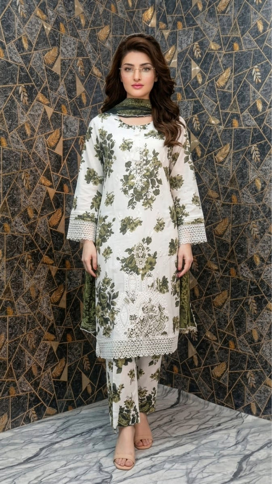 Sage Bloom | Embroidered Floral Lawn 3-Piece Suite