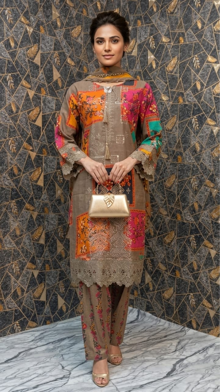 Earth-Toned Patchwork Embroidered Lawn Suit – 3-Piece Festive Set