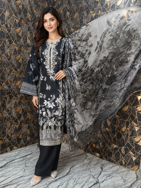 Midnight Flora: 3-Piece Embroidered Lawn Stitched Suit