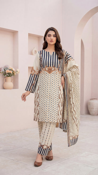 Ethereal Cream & Indigo Geometric Print 3-Piece stitched Suit