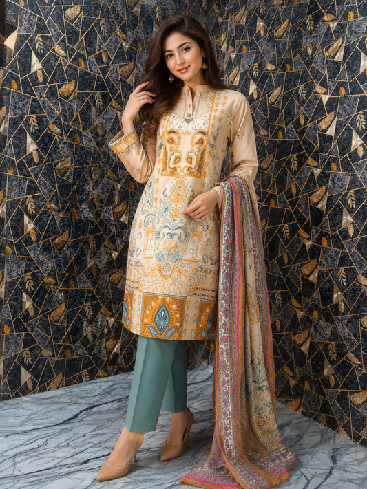 Elegant Beige Printed Lawn Suit with Multicolor Dupatta – 3 Piece Ethnic Stitched Wear