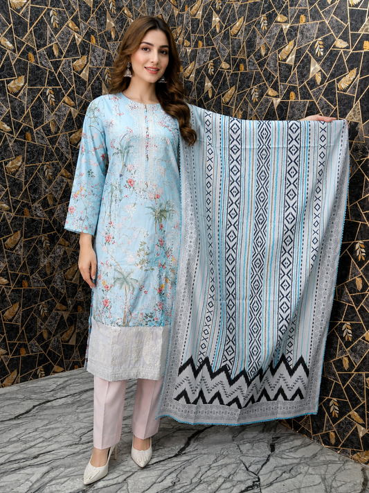 Ethereal Sky Blue Floral Embroidered 3-Piece Lawn Stitched Suite