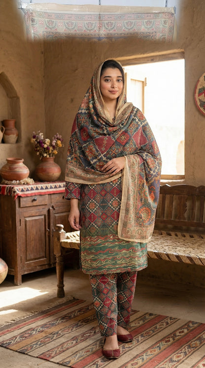 Rust & Emerald Geometric Printed Co-ord Set with Dupatta