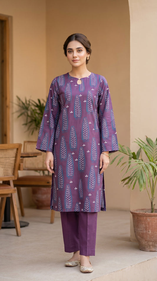 Elegant Plum Purple Printed Lawn Kurti – Traditional Botanical Print Straight Tunic