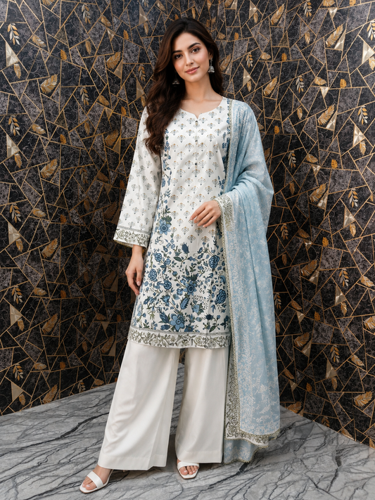 Elegant Floral Print Lawn 3-Piece Suit – Sky Blue & Ivory