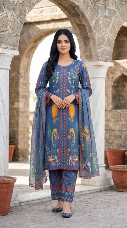 Midnight Azure 3-Piece Floral Printed Lawn Suit