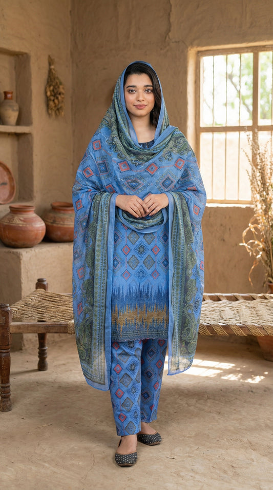 Azure Blue Geometric Print 3-Piece Lawn Suit with Voile Dupatta