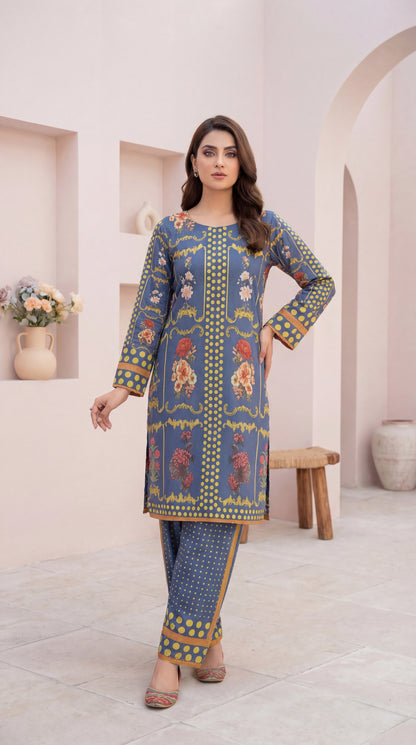 Indigo Blue Digital Printed 2-Piece Lawn Suit with Floral & Polka Dot Accents