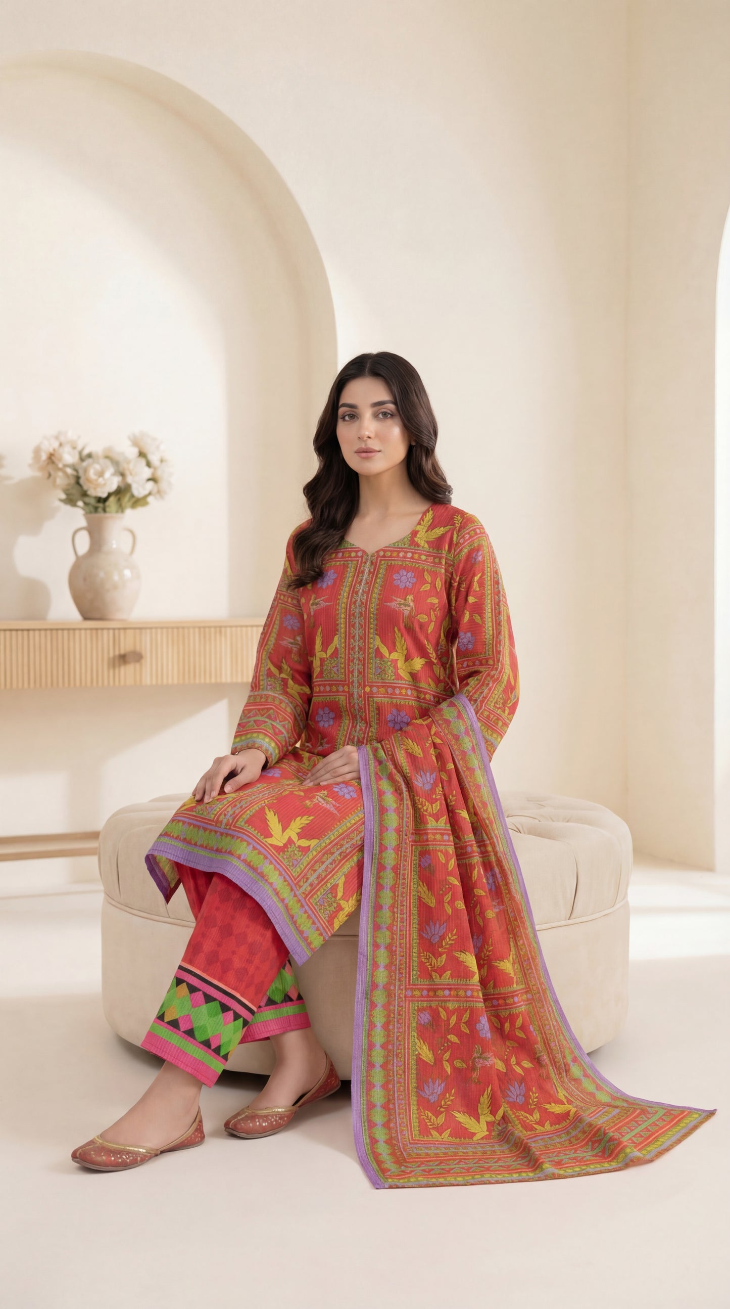 Radiant Crimson Floral 3-Piece Stitched Lawn Suit