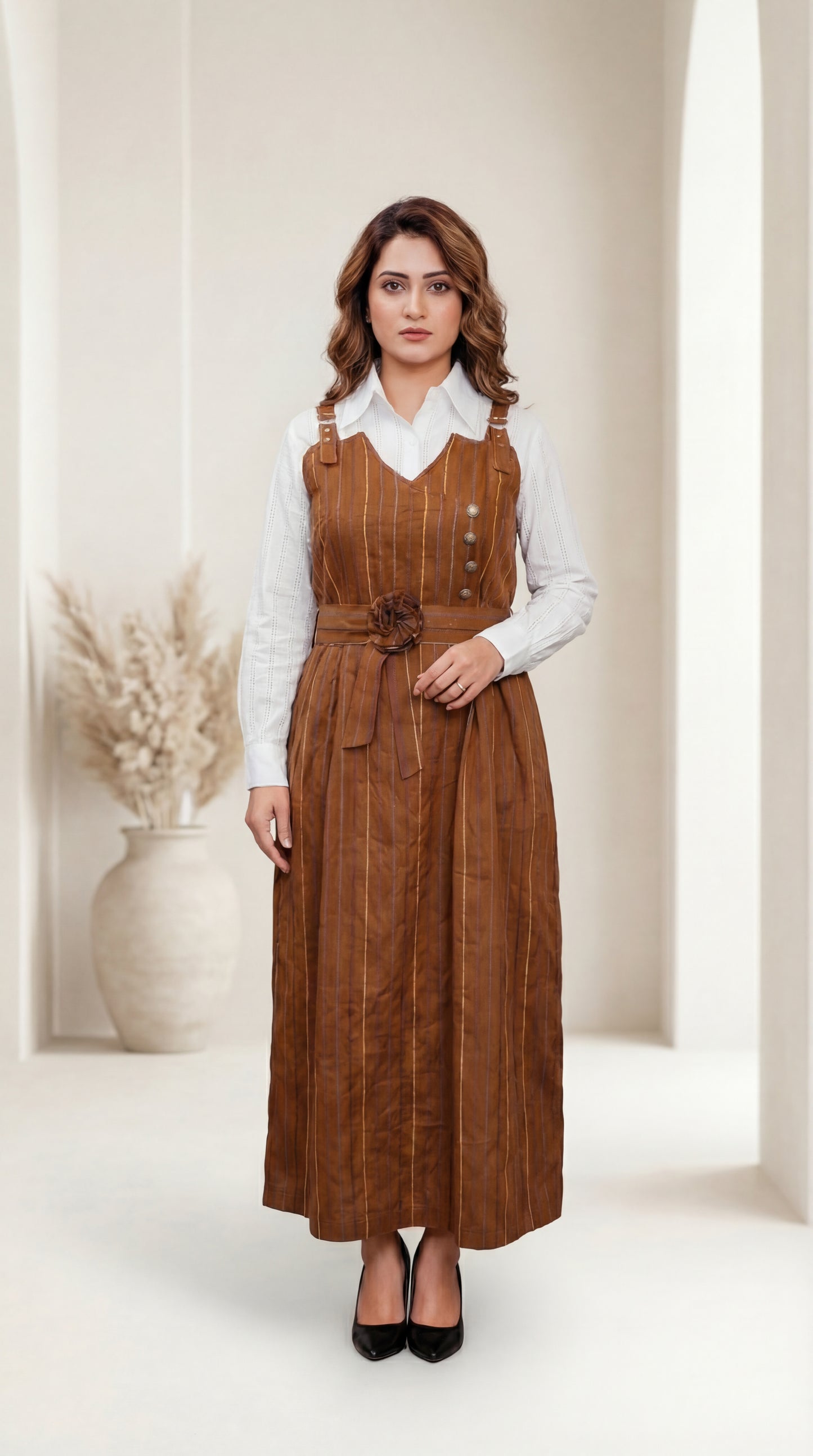 Sienna Striped Pinafore Maxi Dress with Floral Belt