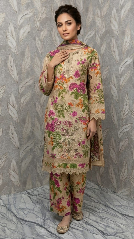 Floral Meadow: 3-Piece Printed & Embroidered Lawn Ensembl